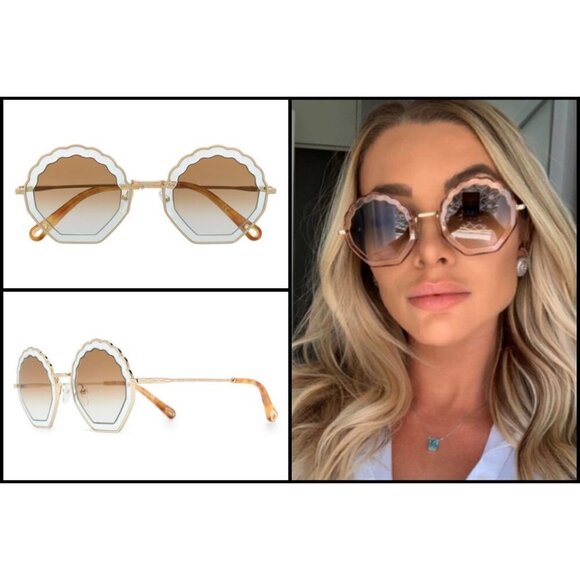 💕CHLOE💕 Tally Scalloped Sunglasses CE147S 834 Gold Brown Lenses New In Box - Picture 1 of 16